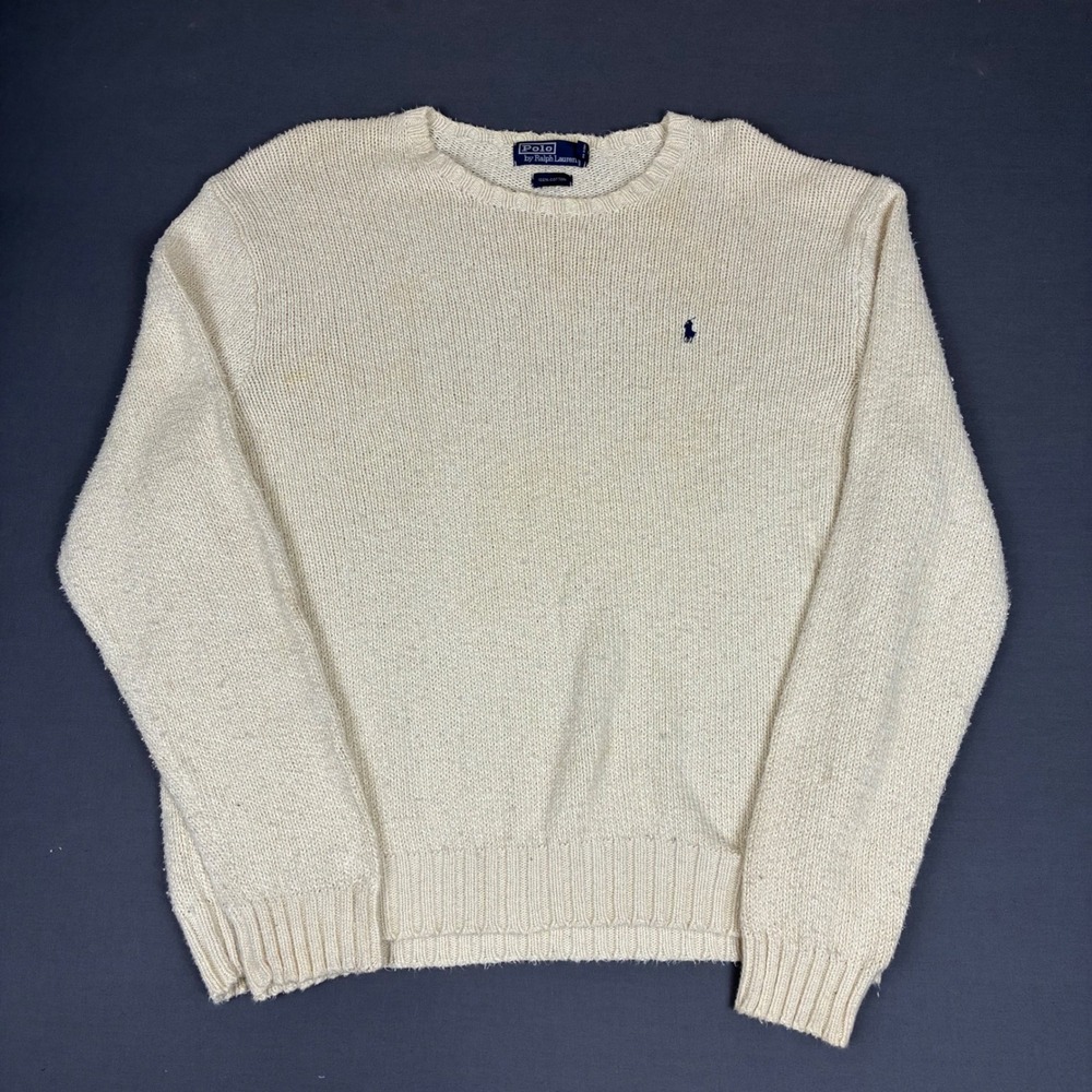 Polo Ralph Lauren 100% Cotton Cream Crewneck Sweater Men's Size XXL Blue Pony